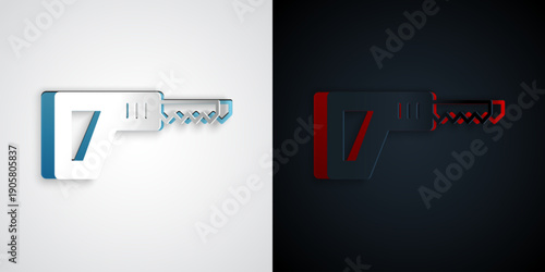 Paper cut Reciprocating saw and saw blade icon isolated on grey and black background. Paper art style. Vector