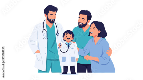 Dream of a Young Medic: A smiling child, dressed in a miniature doctor's coat, finds support within an adult family, which evokes hopes and ambitions.