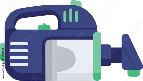Minimalist icon of a blue and green vacuum cleaner, clean vector illustration
