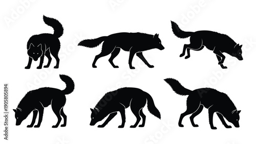 A collection of six different animals standing and walking in silhouette form. Vector