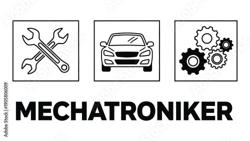 Mechatroniker logo featuring tools, car, and mechanical components Vector