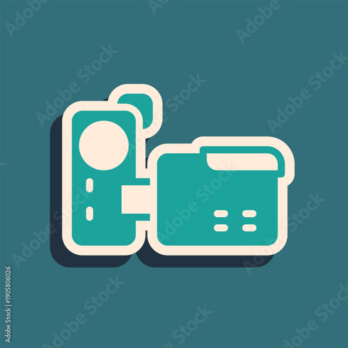 Green Cinema camera icon isolated on green background. Video camera. Movie sign. Film projector. Long shadow style. Vector