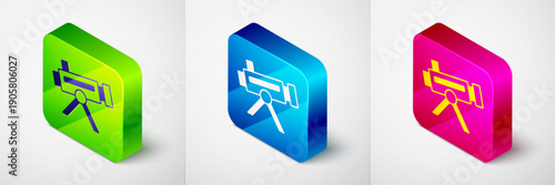 Isometric Telescope icon isolated on grey background. Scientific tool. Education and astronomy element, spyglass and study stars. Square button. Vector