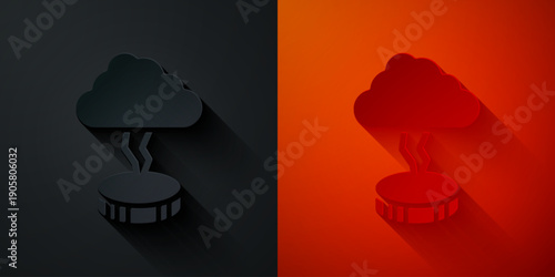Paper cut Storm icon isolated on black and red background. Cloud and lightning sign. Weather icon of storm. Paper art style. Vector
