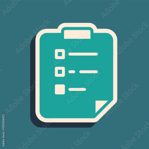 Green Clipboard with checklist icon isolated on green background. Control list symbol. Survey poll or questionnaire feedback form. Long shadow style. Vector