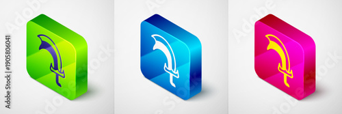 Isometric Sword for game icon isolated on grey background. Square button. Vector