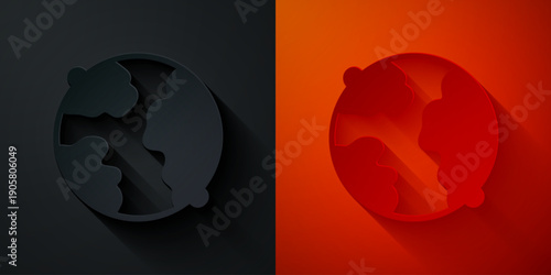 Paper cut Worldwide icon isolated on black and red background. Pin on globe. Paper art style. Vector