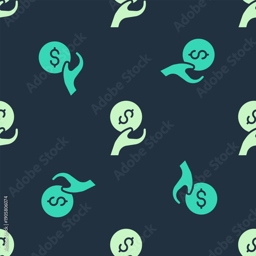 Green and beige Donation and charity icon isolated seamless pattern on blue background. Donate money and charity concept. Vector
