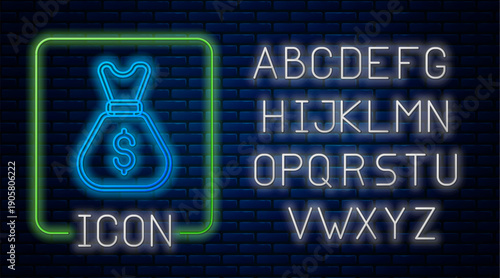 Glowing neon Old money bag icon isolated on brick wall background. Cash Banking currency sign. Neon light alphabet. Vector