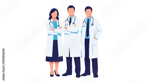 Medical Team: A group of dedicated medical professionals, doctors and nurses, stands united, representing healthcare and patient care.