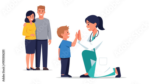 Caring Health Partnership: A warm and supportive interaction between a dedicated doctor, a young child, and a loving parent couple. Illustrating trust and empathy in pediatric care.