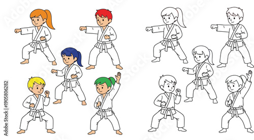Cute cartoon children practicing karate and martial arts poses. Vector illustration set of happy boys and girls in white uniforms punching and blocking. Includes black and white coloring page outline.