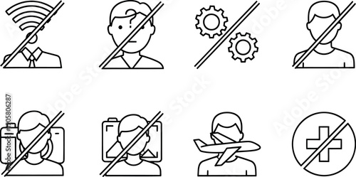 Illustrations of prohibited actions and safety measures in various contexts