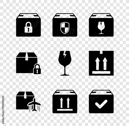 Set Locked package, Delivery box security shield, with fragile content, Plane and cardboard, Cardboard traffic, Package check mark, and Fragile broken glass icon. Vector