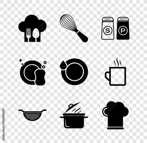 Set Chef hat with fork and spoon, Kitchen whisk, Salt pepper, colander, Cooking pot, Washing dishes and icon. Vector