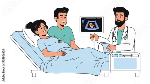 Expecting parents: Couple share an intimate moment during a prenatal ultrasound examination. The anticipation and excitement of the couple as they get a glimpse of their unborn child