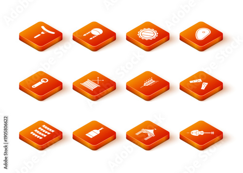 Set Carnival garland with flags, Beer bottle, Bottle opener, Musical drum sticks, Camping tent, Wheat, Violin and Glass of beer icon. Vector