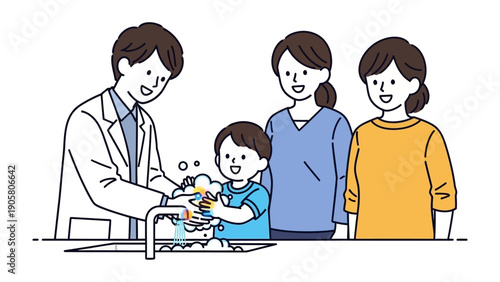 Hygiene Guidance: A healthcare professional guides a young child in proper handwashing technique, with supportive family members observing. Emphasizing the significance of cleanliness and wellness.