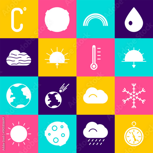 Set Compass, Snowflake, Sunset, Rainbow, Sunrise, Fog and cloud, Celsius and Meteorology thermometer icon. Vector