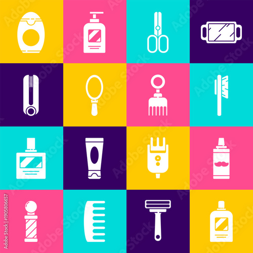 Set Bottle of shampoo, Shaving gel foam, Hairbrush, Scissors hairdresser, Hand mirror, Curling iron for, and icon. Vector