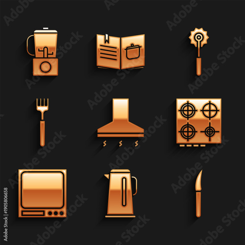 Set Kitchen extractor fan, Kettle with handle, Knife, Gas stove, Electronic scales, Fork, Pizza knife and Blender icon. Vector