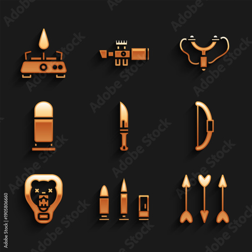 Set Hunter knife, Bullet and cartridge, Hipster arrows, Bow, Bear head on shield, Slingshot and Camping gas stove icon. Vector
