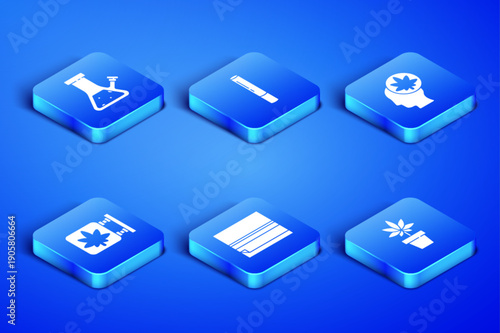 Set Marijuana or cannabis plant, Glass bong for smoking, Rolling paper, and store, joint and Head with marijuana icon. Vector