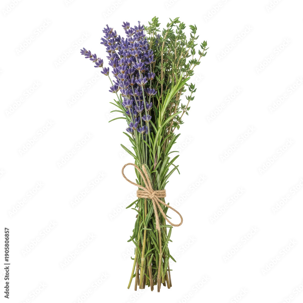 Fototapeta premium Fresh Lavender Thyme Herbs Tied Bundle Isolated Black