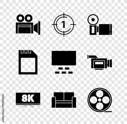 Set Cinema camera, Old film movie countdown frame, Screen tv with 8k, chair, Film reel, SD card and auditorium seats icon. Vector