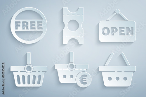Set Shopping basket and euro, Hanging sign with Open, Coupon and Price tag Free icon. Vector