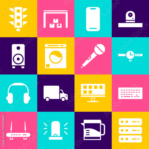 Set Server, Data, Web Hosting, Keyboard, Wrist watch, Smartphone, Washer, Stereo speaker, Traffic light and Microphone icon. Vector