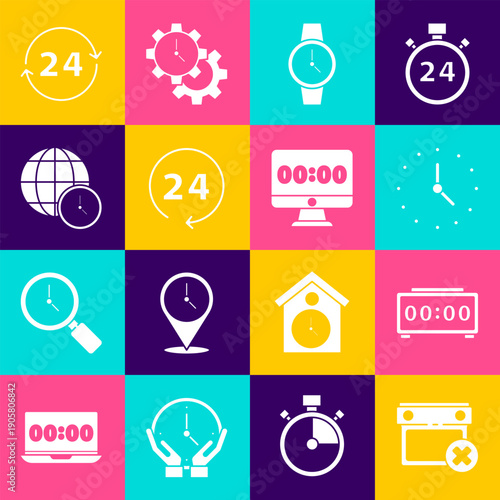 Set Calendar date delete, Digital alarm clock, Clock, Wrist watch, 24 hours, World time, and on monitor icon. Vector