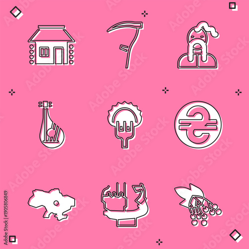 Set Ukrainian house, Scythe, cossack, Bandura, Dumplings on fork, hryvnia, Map of Ukraine and Monument to founders Kiev icon. Vector