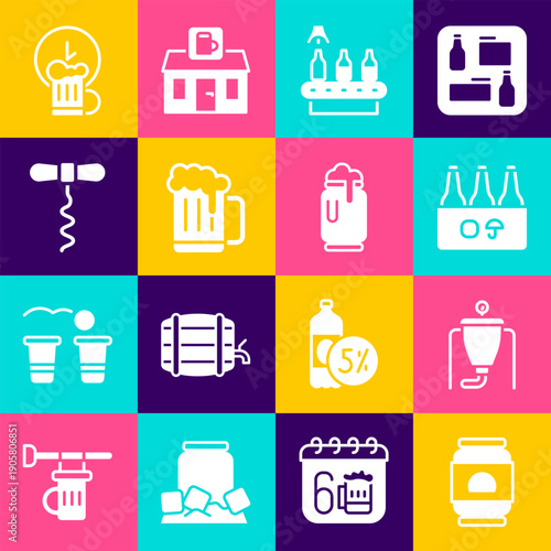 Set Beer can, brewing process, Pack of beer bottles, Conveyor band,, Wooden mug, Wine corkscrew, Happy hour and with foam icon. Vector
