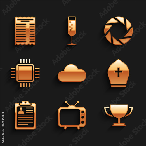 Set Cloud, Television tv, Trophy cup, Pope hat, Clipboard with resume and Processor CPU icon. Vector