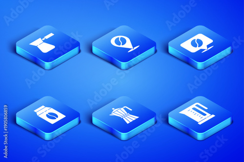 Set Electric kettle, Coffee turk, moca pot, Bag coffee beans, Location with and icon. Vector