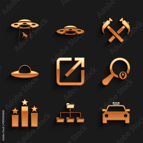 Set Open in new window, Folder tree, Taxi car, Search location, Ranking star and UFO flying spaceship icon. Vector