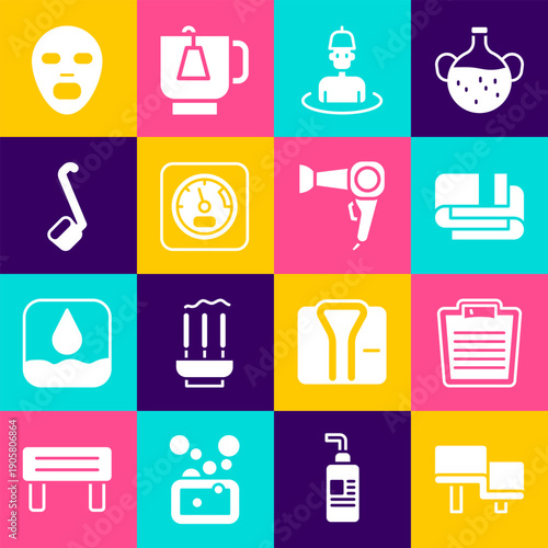 Set Sauna wood bench, Bathroom scales, Towel stack, Man in the sauna, thermometer, ladle, Facial cosmetic mask and Hair dryer icon. Vector
