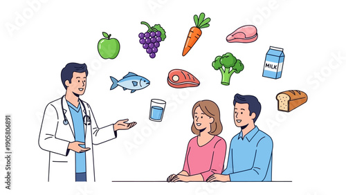 Nutritional Guidance: A knowledgeable doctor illustrates a balanced diet to a couple, emphasizing the importance of diverse food groups for overall wellness.
