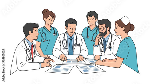 Medical Collaboration: An illustration of a group of medical professionals united around a table, engaged in a discussion about medical documentation. 