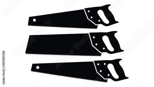 Three black hand saws with different handle designs on white background Vector