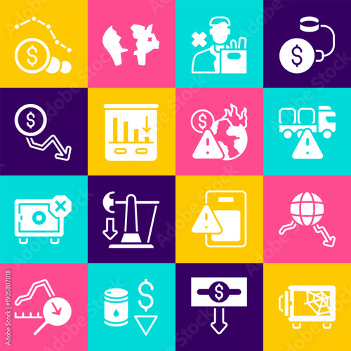 Set Safe, Global economic crisis, Stop delivery cargo truck, Employee dismissal, Pie chart infographic, Dollar rate decrease, and icon. Vector