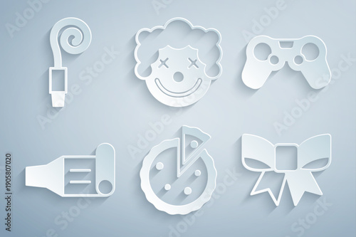 Set Homemade pie, Gamepad, Birthday party horn, Gift bow, Clown head and icon. Vector