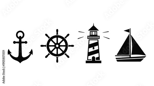 Nautical icons including an anchor, ship wheel, lighthouse, and sailboat Vector