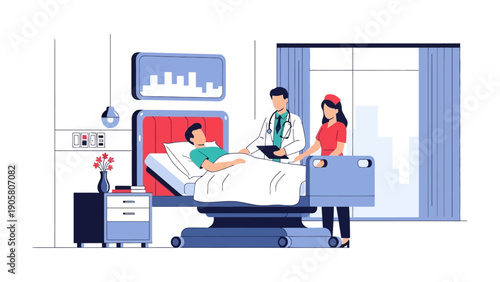 Medical Team's Compassionate Care: A dedicated medical team provides compassionate care in a modern hospital room, examining a patient and ensuring comfort and well-being.