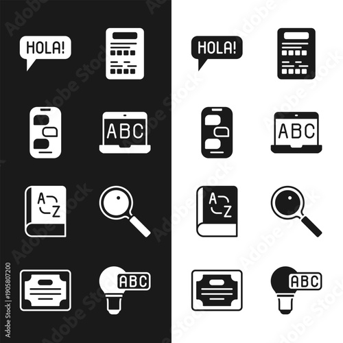 Set Foreign language online study, Hola different languages, Exam sheet, Translator book, Magnifying glass, Creative lamp light idea and Certificate template icon. Vector