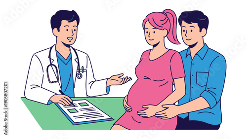 Antenatal checkup: A pregnant woman and her partner consult with a doctor during an antenatal checkup, highlighting the importance of prenatal care and the journey of parenthood.