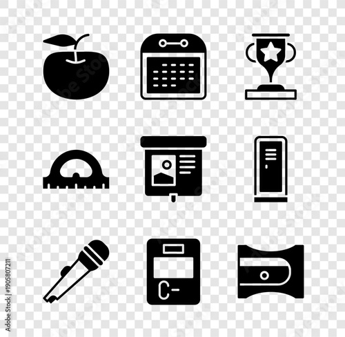 Set Apple, Calendar, Award cup, Microphone, Exam paper with incorrect answers, Pencil sharpener, Protractor grid and Projection screen icon. Vector