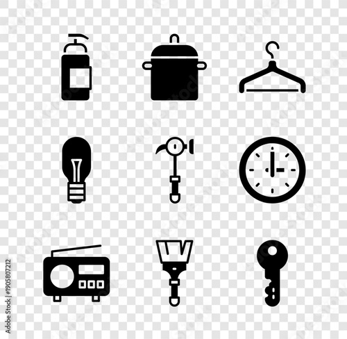 Set Antibacterial soap, Cooking pot, Hanger wardrobe, Radio, Paint brush, House key, Light bulb and Hammer icon. Vector