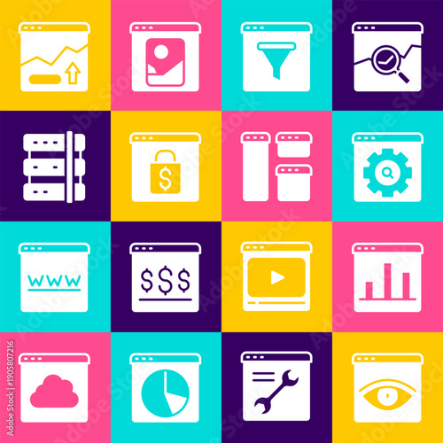 Set Browser incognito window, Graph chart infographic, setting, Online shopping on screen, Server, Financial growth increase and icon. Vector